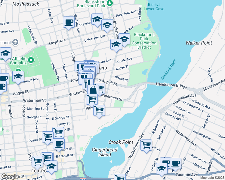 map of restaurants, bars, coffee shops, grocery stores, and more near 163 Butler Avenue in Providence