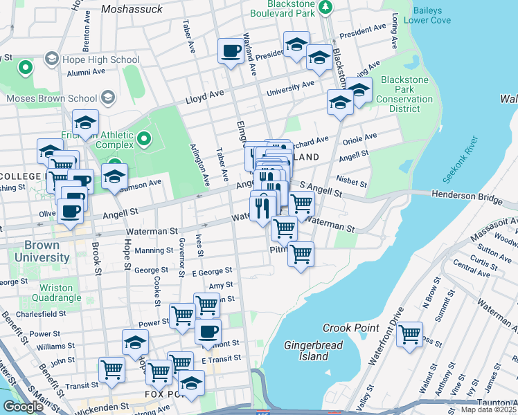 map of restaurants, bars, coffee shops, grocery stores, and more near 218 Waterman Street in Providence