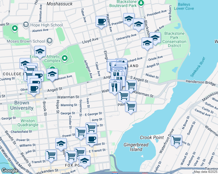 map of restaurants, bars, coffee shops, grocery stores, and more near 218 Waterman Street in Providence