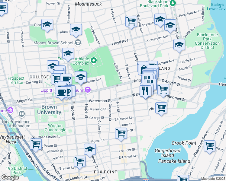 map of restaurants, bars, coffee shops, grocery stores, and more near 339 Angell Street in Providence