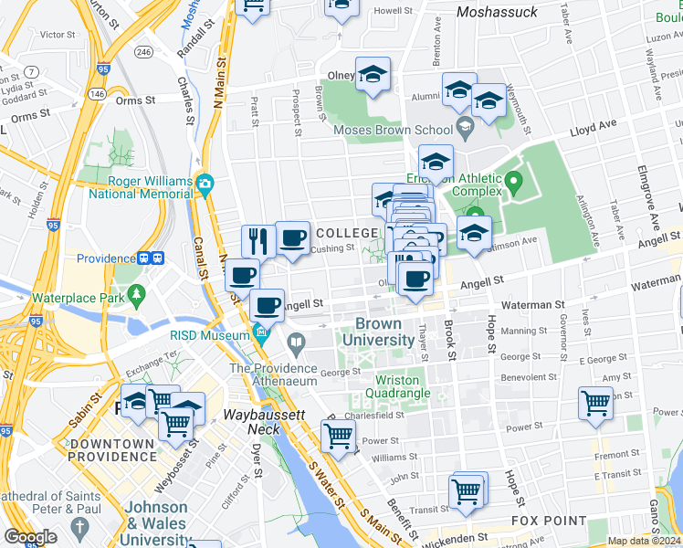 map of restaurants, bars, coffee shops, grocery stores, and more near 130 Meeting Street in Providence