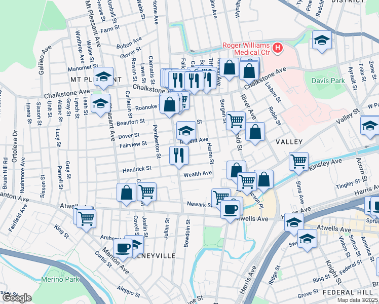 map of restaurants, bars, coffee shops, grocery stores, and more near 145 Academy Avenue in Providence