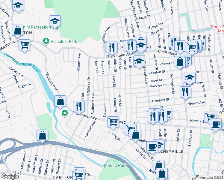 map of restaurants, bars, coffee shops, grocery stores, and more near 4 Lucy Street in Providence