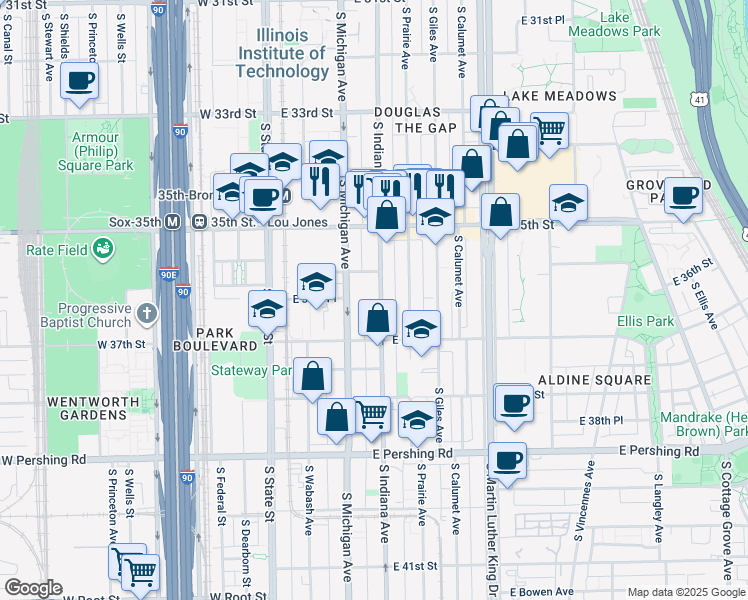 map of restaurants, bars, coffee shops, grocery stores, and more near 3617 South Michigan Avenue in Chicago