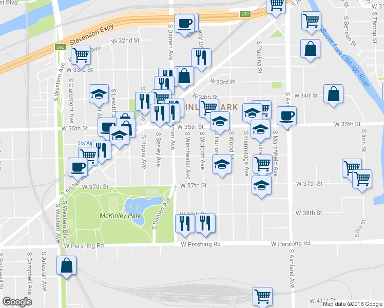 map of restaurants, bars, coffee shops, grocery stores, and more near 3550 South Wolcott Avenue in Chicago