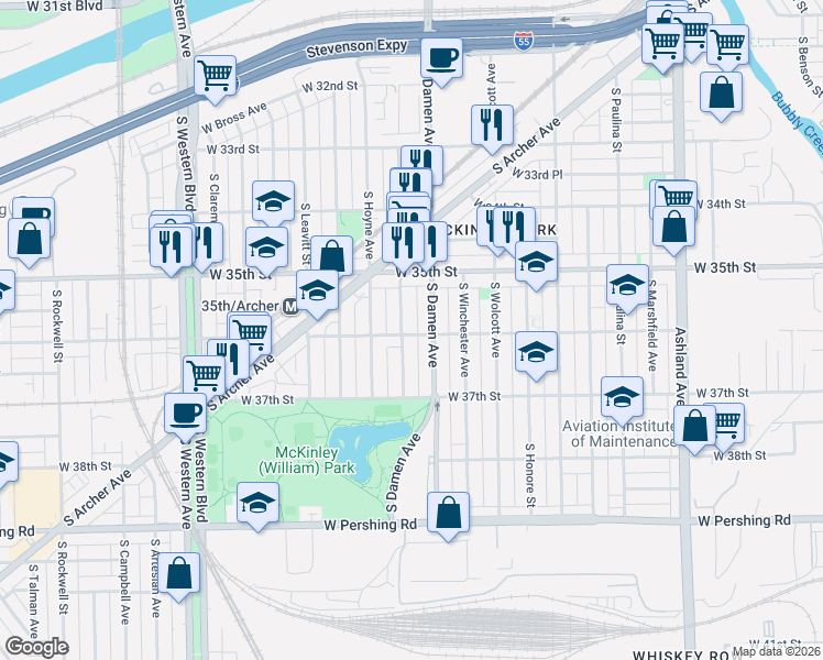 map of restaurants, bars, coffee shops, grocery stores, and more near 3544 South Seeley Avenue in Chicago
