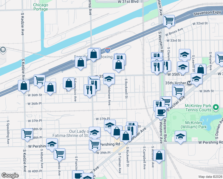 map of restaurants, bars, coffee shops, grocery stores, and more near 2639 West 35th Place in Chicago