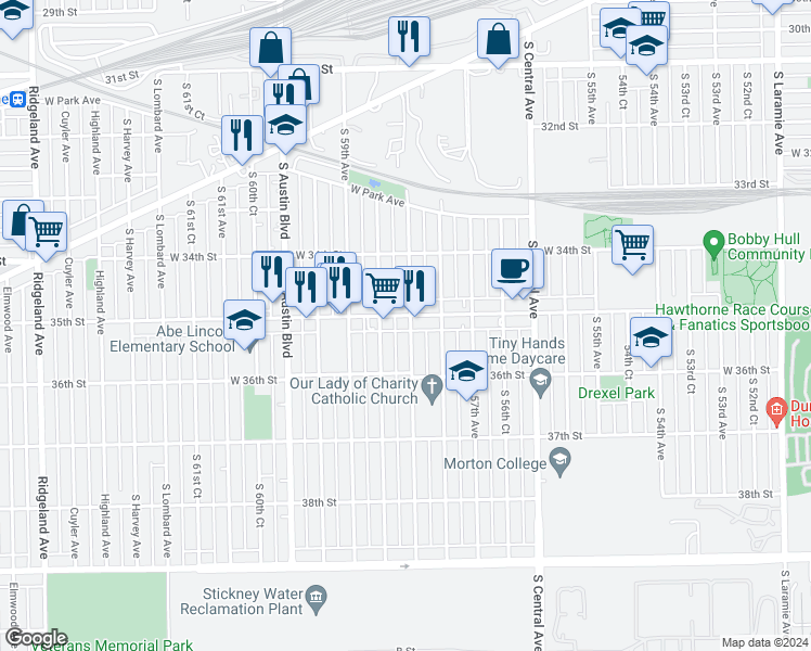 map of restaurants, bars, coffee shops, grocery stores, and more near 5758 35th Street in Cicero