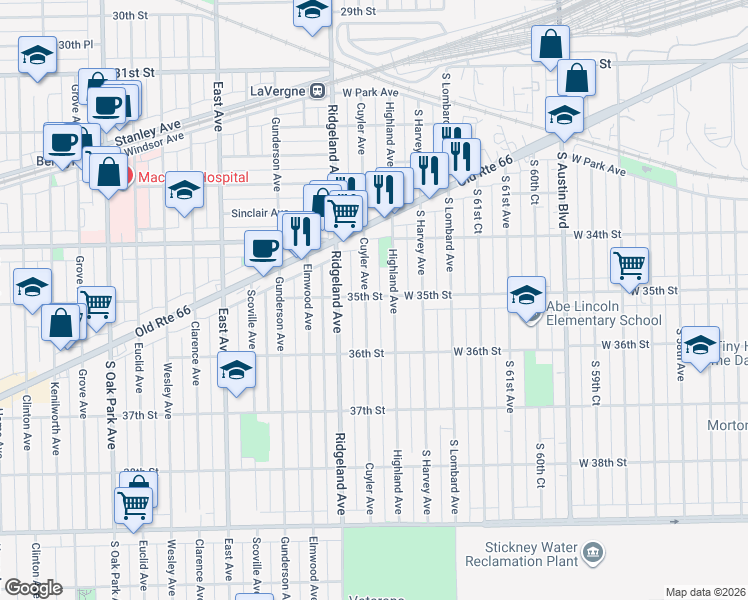 map of restaurants, bars, coffee shops, grocery stores, and more near 3447 Cuyler Avenue in Berwyn