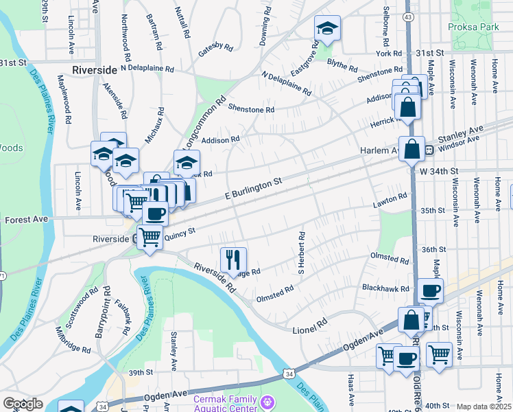 map of restaurants, bars, coffee shops, grocery stores, and more near 141 East Burlington Street in Riverside