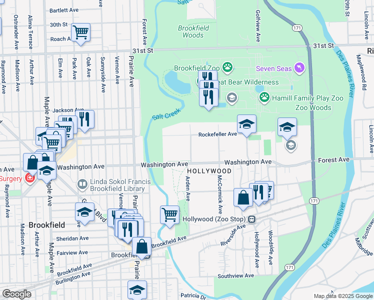 map of restaurants, bars, coffee shops, grocery stores, and more near 3418 Arden Avenue in Brookfield