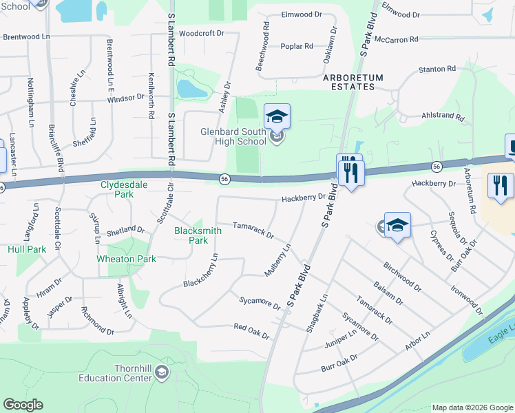 map of restaurants, bars, coffee shops, grocery stores, and more near 23W003 Hackberry Drive in Glen Ellyn