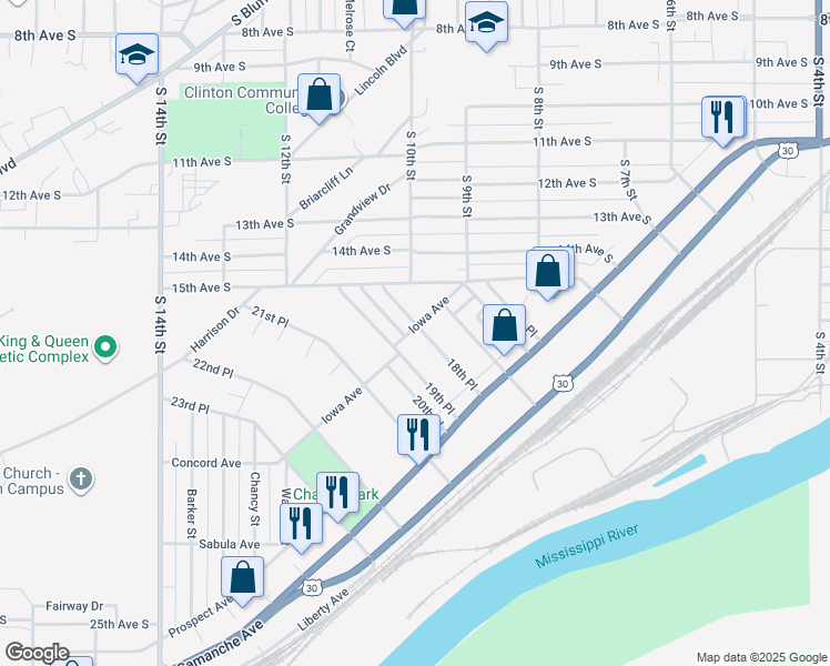 map of restaurants, bars, coffee shops, grocery stores, and more near 1805 Iowa Avenue in Clinton