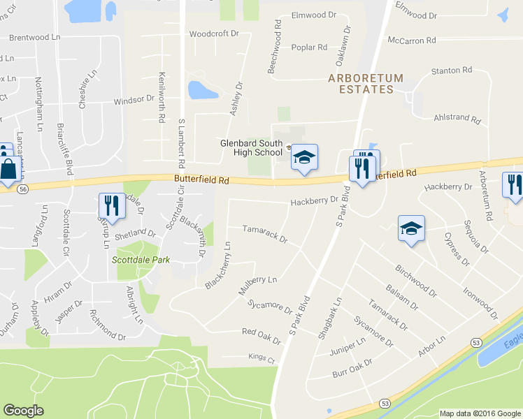 map of restaurants, bars, coffee shops, grocery stores, and more near 23W003 Hackberry Drive in Glen Ellyn