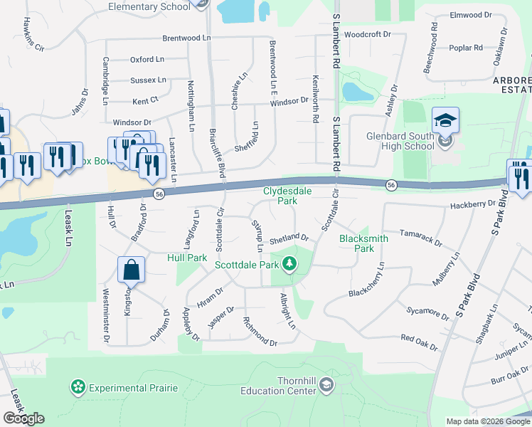 map of restaurants, bars, coffee shops, grocery stores, and more near 2134 Derby Court in Wheaton
