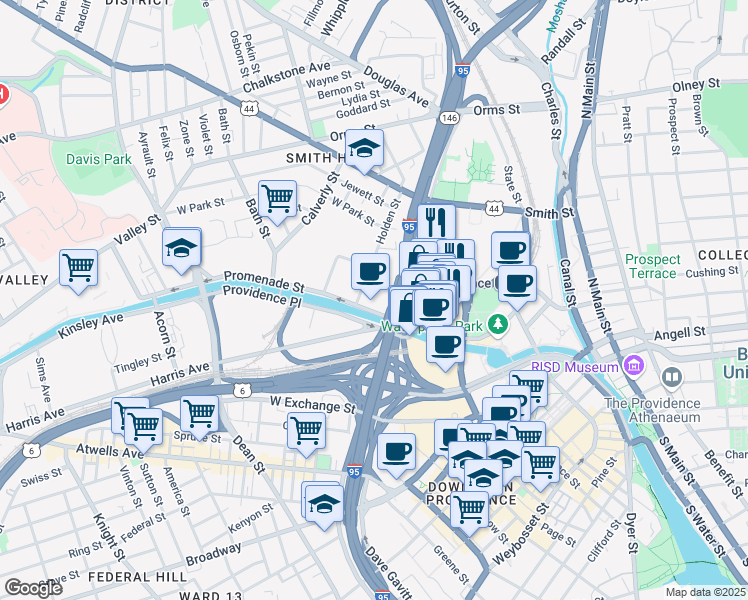 map of restaurants, bars, coffee shops, grocery stores, and more near 255 Promenade Street in Providence