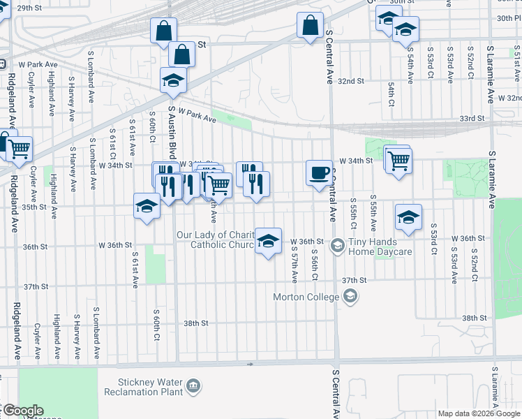 map of restaurants, bars, coffee shops, grocery stores, and more near 5741 West 35th Street in Cicero