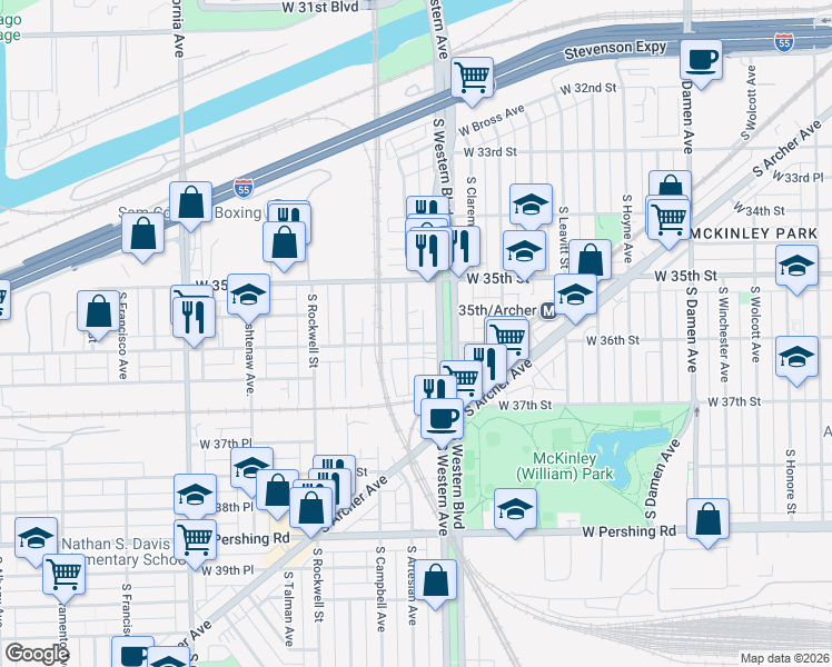 map of restaurants, bars, coffee shops, grocery stores, and more near 3542 South Western Avenue in Chicago
