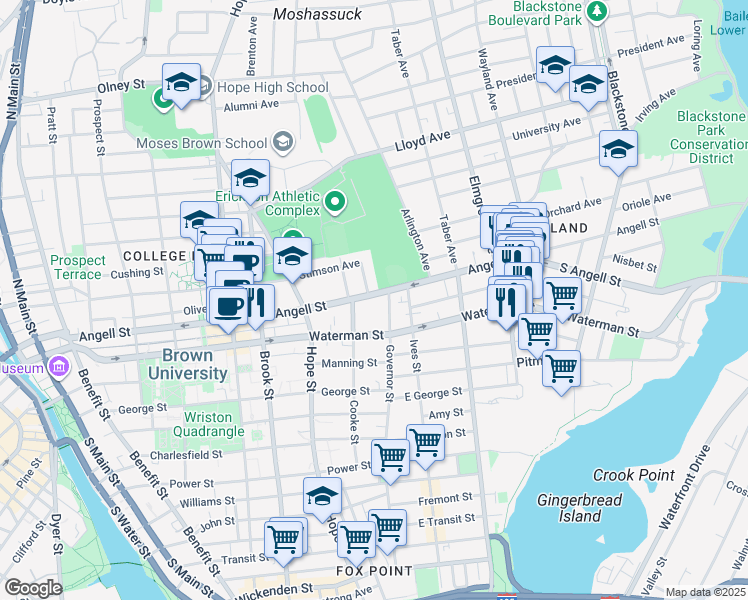 map of restaurants, bars, coffee shops, grocery stores, and more near 323 Angell Street in Providence