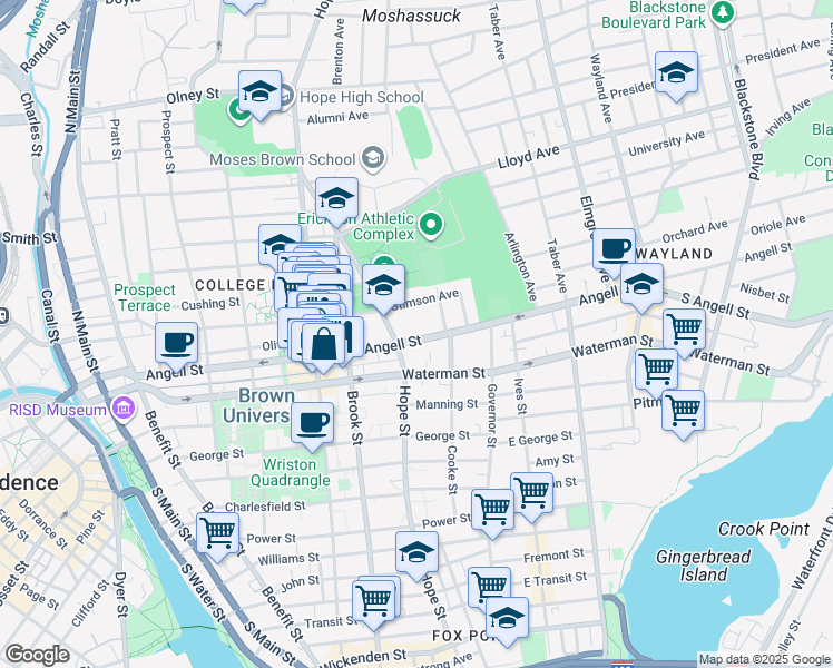map of restaurants, bars, coffee shops, grocery stores, and more near 268 Angell Street in Providence