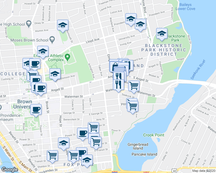map of restaurants, bars, coffee shops, grocery stores, and more near 71 Medway Street in Providence
