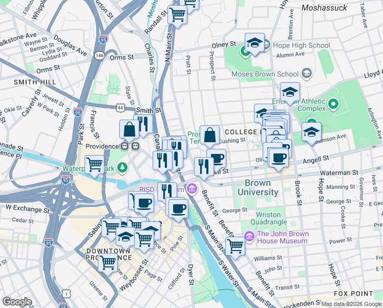 map of restaurants, bars, coffee shops, grocery stores, and more near 161 Benefit Street in Providence