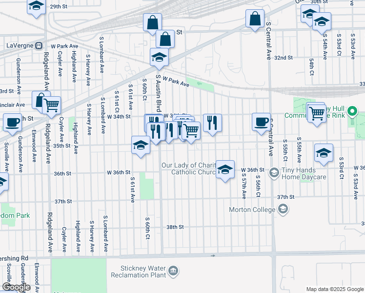 map of restaurants, bars, coffee shops, grocery stores, and more near 5906 35th Street in Cicero