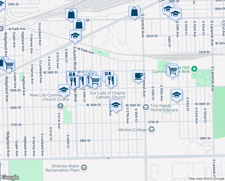 map of restaurants, bars, coffee shops, grocery stores, and more near 5741 West 35th Street in Cicero