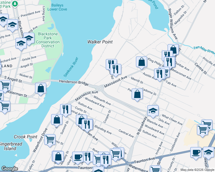 map of restaurants, bars, coffee shops, grocery stores, and more near in East Providence