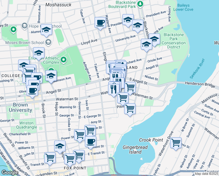 map of restaurants, bars, coffee shops, grocery stores, and more near 218 Waterman Street in Providence