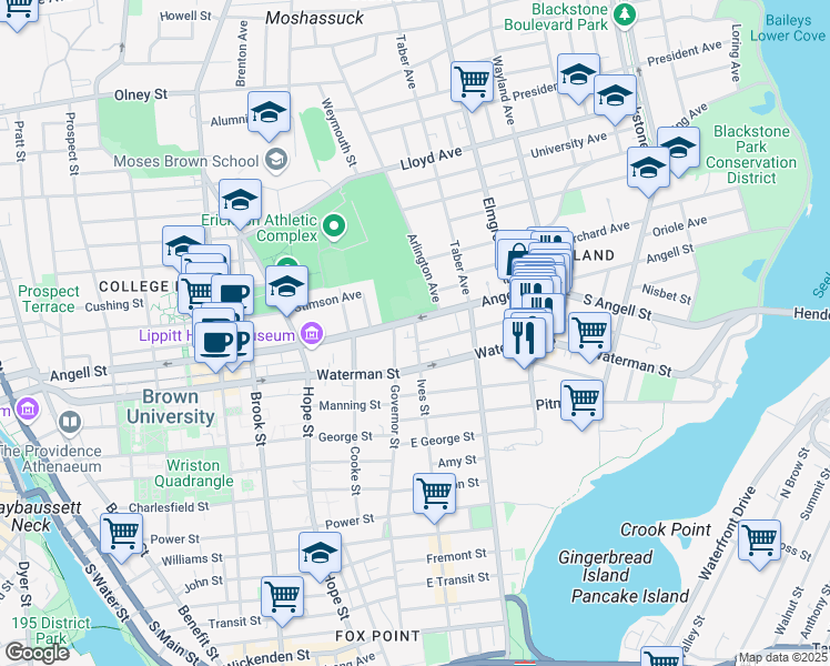 map of restaurants, bars, coffee shops, grocery stores, and more near 373 Angell Street in Providence