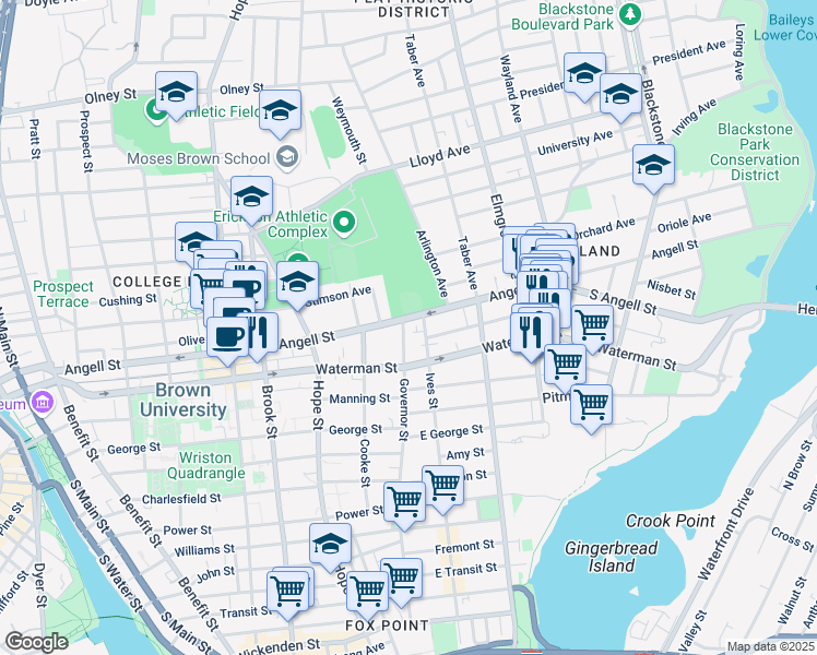 map of restaurants, bars, coffee shops, grocery stores, and more near 339 Angell Street in Providence
