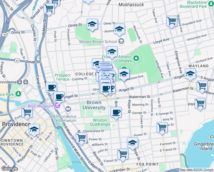 map of restaurants, bars, coffee shops, grocery stores, and more near 245 Meeting Street in Providence