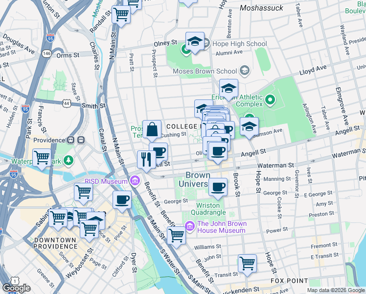 map of restaurants, bars, coffee shops, grocery stores, and more near 130 Meeting Street in Providence