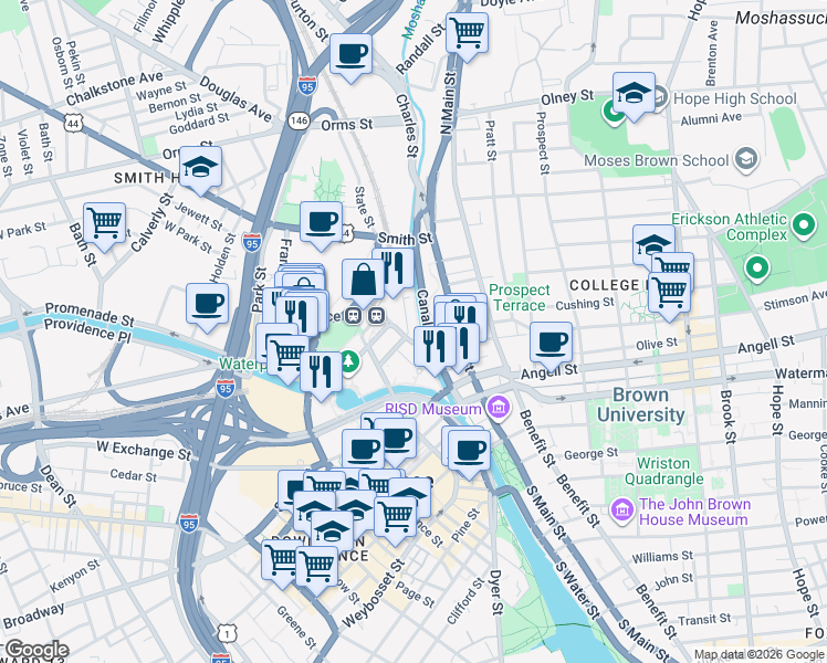 map of restaurants, bars, coffee shops, grocery stores, and more near 25 Park Row West in Providence