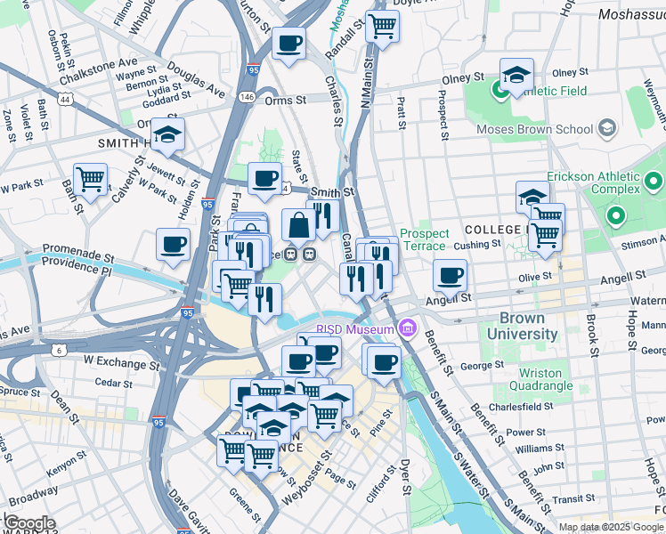 map of restaurants, bars, coffee shops, grocery stores, and more near 25 Park Row West in Providence