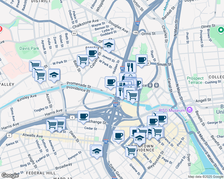 map of restaurants, bars, coffee shops, grocery stores, and more near 255 Promenade Street in Providence