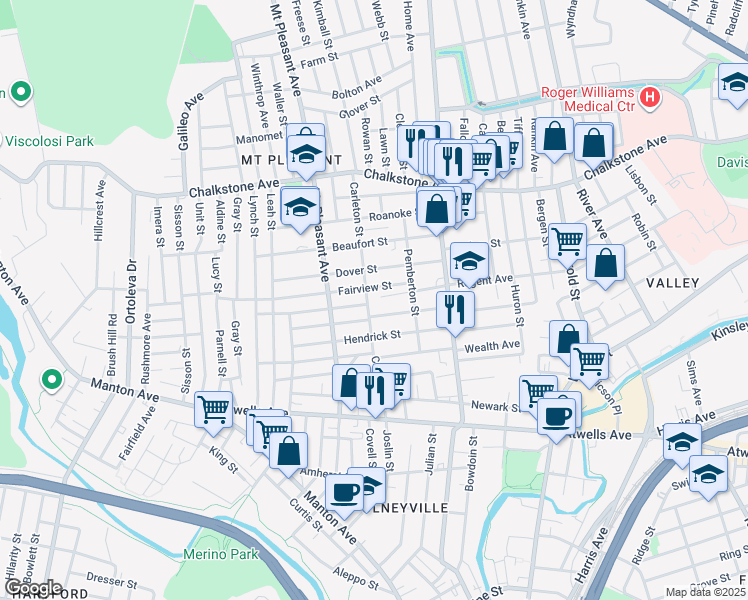 map of restaurants, bars, coffee shops, grocery stores, and more near 28 Fairview Street in Providence