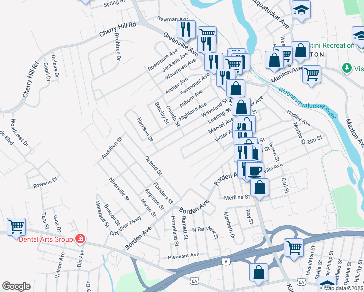 map of restaurants, bars, coffee shops, grocery stores, and more near 105 Manuel Avenue in Johnston