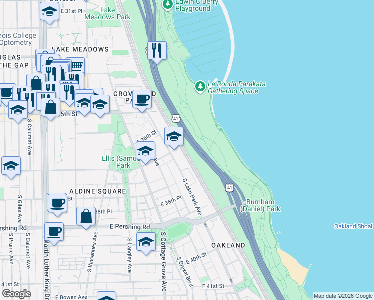 map of restaurants, bars, coffee shops, grocery stores, and more near 3700-3762 South Lake Shore Drive in Chicago