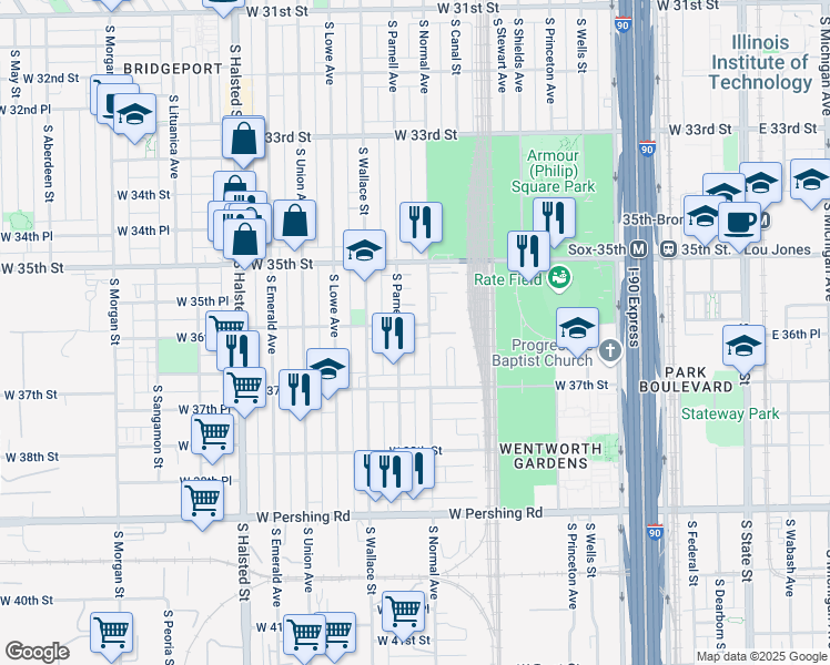 map of restaurants, bars, coffee shops, grocery stores, and more near 506 West 36th Street in Chicago