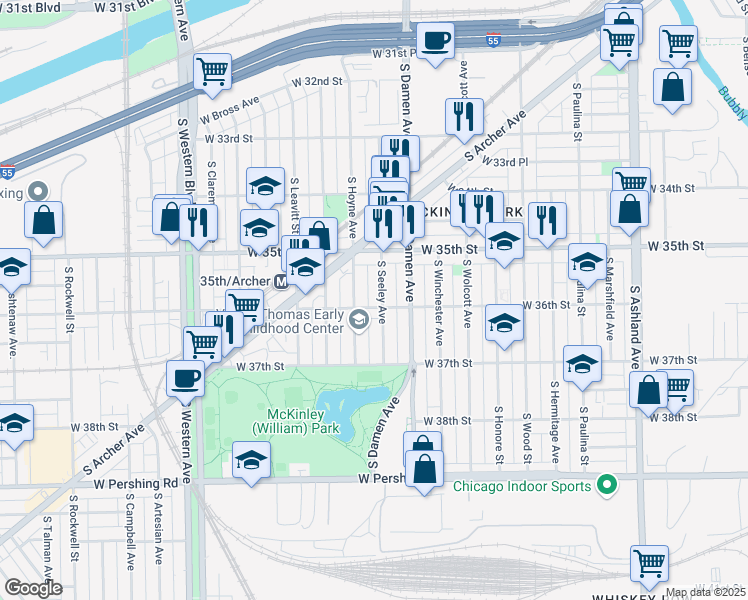 map of restaurants, bars, coffee shops, grocery stores, and more near 3544 South Seeley Avenue in Chicago