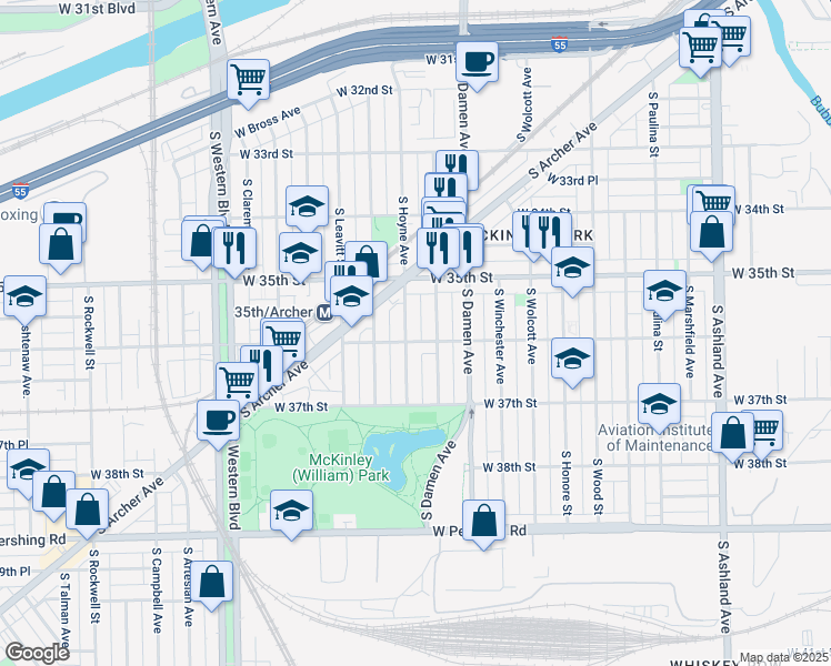 map of restaurants, bars, coffee shops, grocery stores, and more near 3544 South Hoyne Avenue in Chicago
