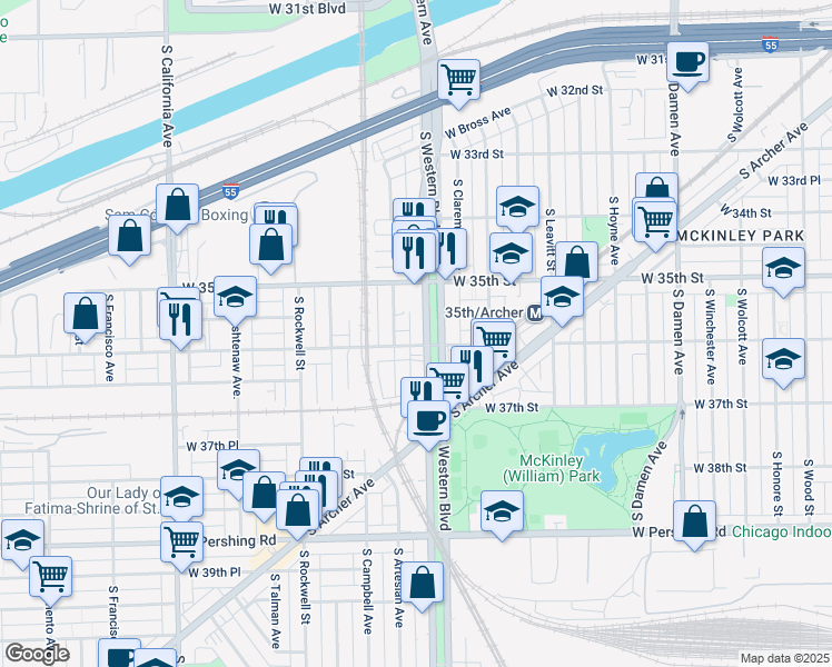 map of restaurants, bars, coffee shops, grocery stores, and more near 3542 South Western Avenue in Chicago
