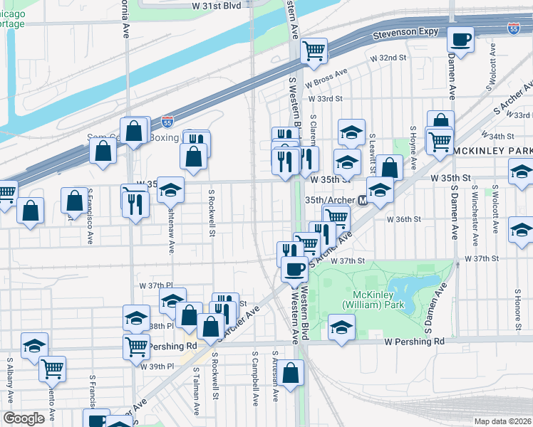 map of restaurants, bars, coffee shops, grocery stores, and more near 3540 South Artesian Avenue in Chicago
