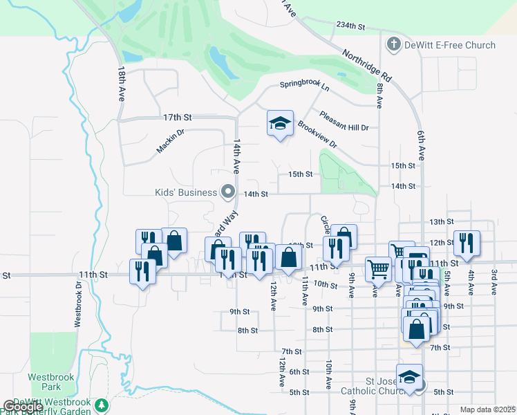 map of restaurants, bars, coffee shops, grocery stores, and more near 1301 14th Street in DeWitt