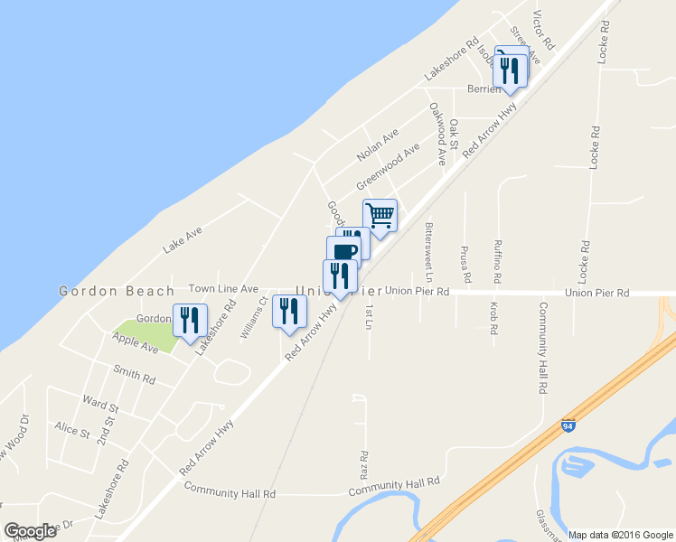 map of restaurants, bars, coffee shops, grocery stores, and more near 16081 Greenwood Avenue in Union Pier