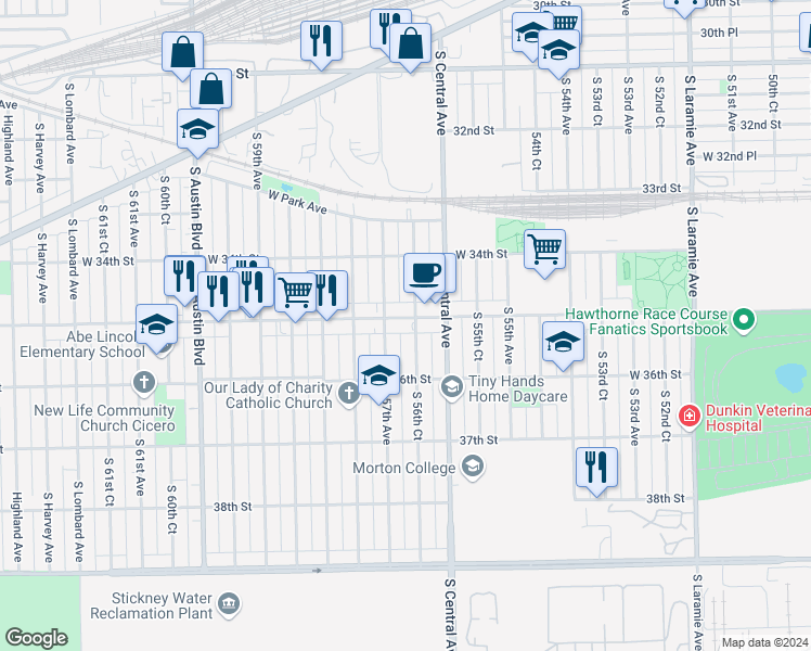 map of restaurants, bars, coffee shops, grocery stores, and more near 5631 West 35th Street in Cicero