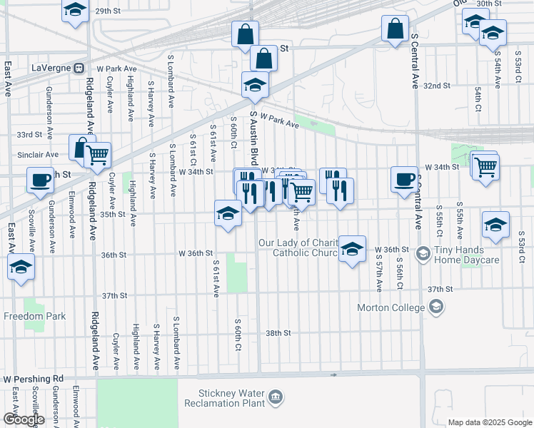 map of restaurants, bars, coffee shops, grocery stores, and more near 15 35th Street in Cicero