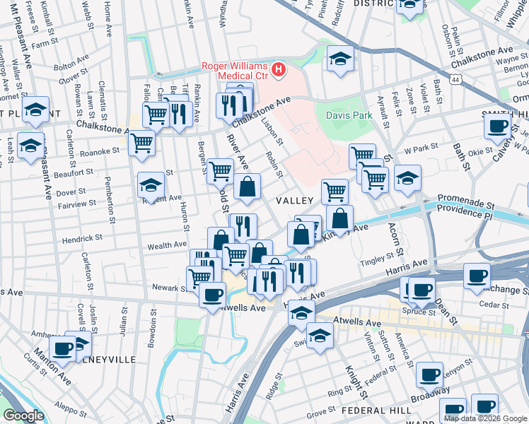 map of restaurants, bars, coffee shops, grocery stores, and more near 42 River Avenue in Providence